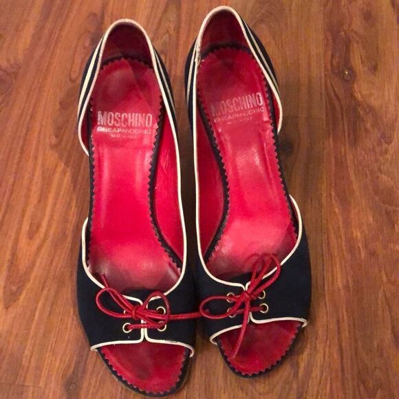 Mochino vintage Navy and beige heels size 7 1/2 open toe￼ - Picture 1 of 9